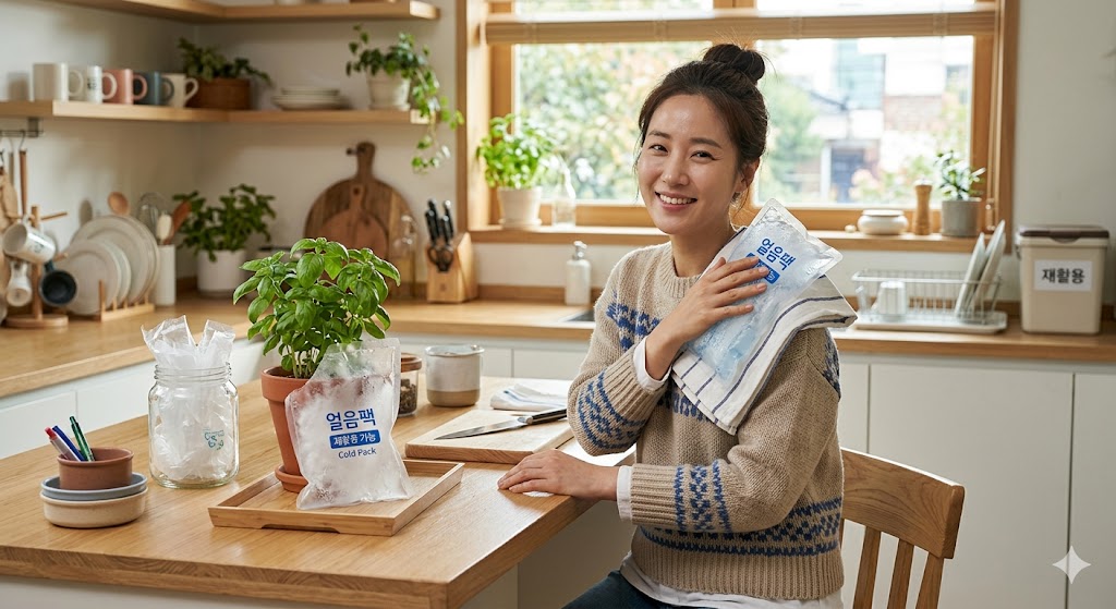 주방 테이블에 앉아 어깨에 수건과 아이스팩을 올리고 웃고 있는 여성과 테이블 위 아이스팩