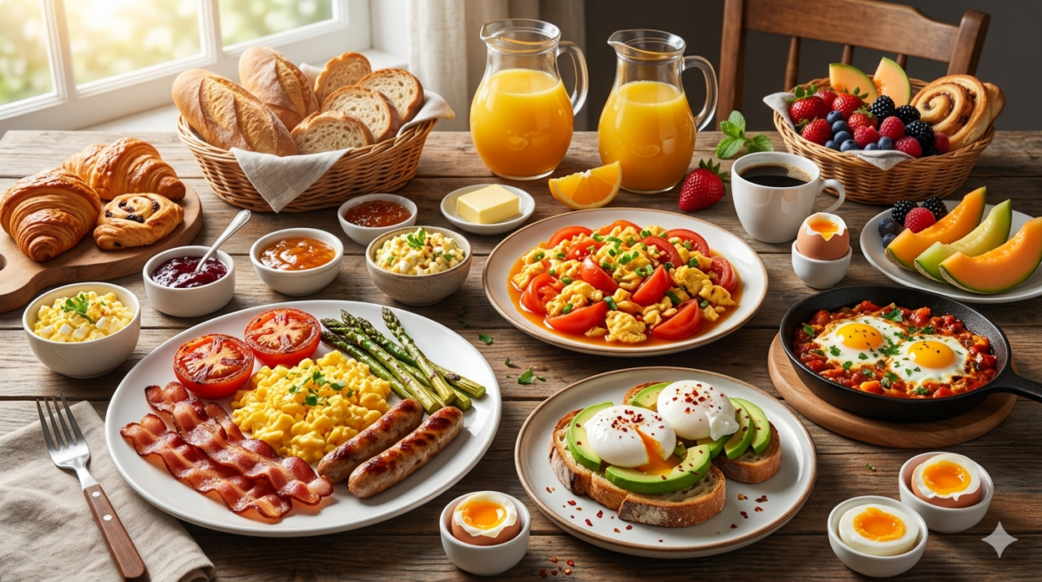 베이컨, 소시지, 달걀 요리, 아스파라거스, 아보카도 토스트, 신선한 과일, 주스, 커피 등이 가득 차려진 나무 테이블 위 아침 식사 상차림